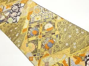 地紙に向かい鳥・波・花々模様織出し袋帯